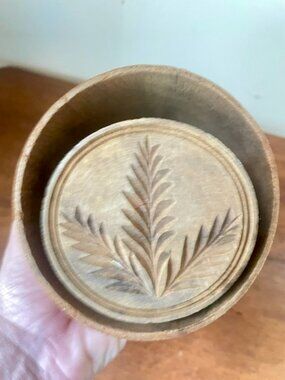 Antique Primitive Turned Wood Butter Mold Plunger Carved Wheat Leaf